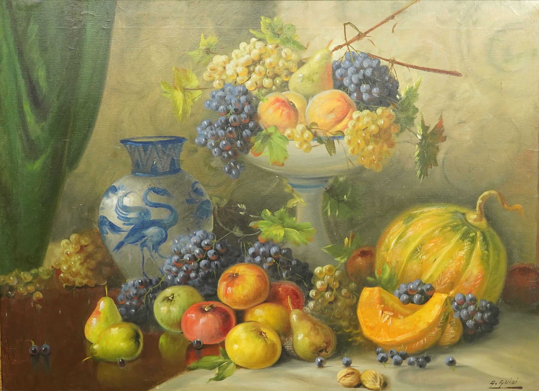 G. Guidi, Still life with a melon, grapes, pears, apples and walnuts, oil on canvas, 67 x 94cm